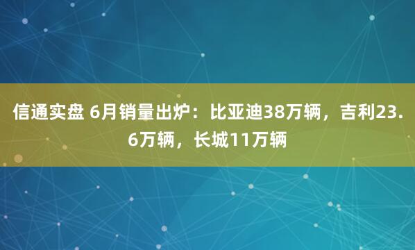 信通实盘 6月销量出炉：比亚迪38万辆，吉利23.6万辆，长城11万辆